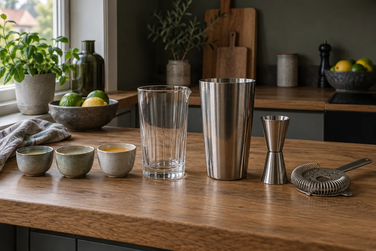 Mått, shaker och sil i blandningsordning