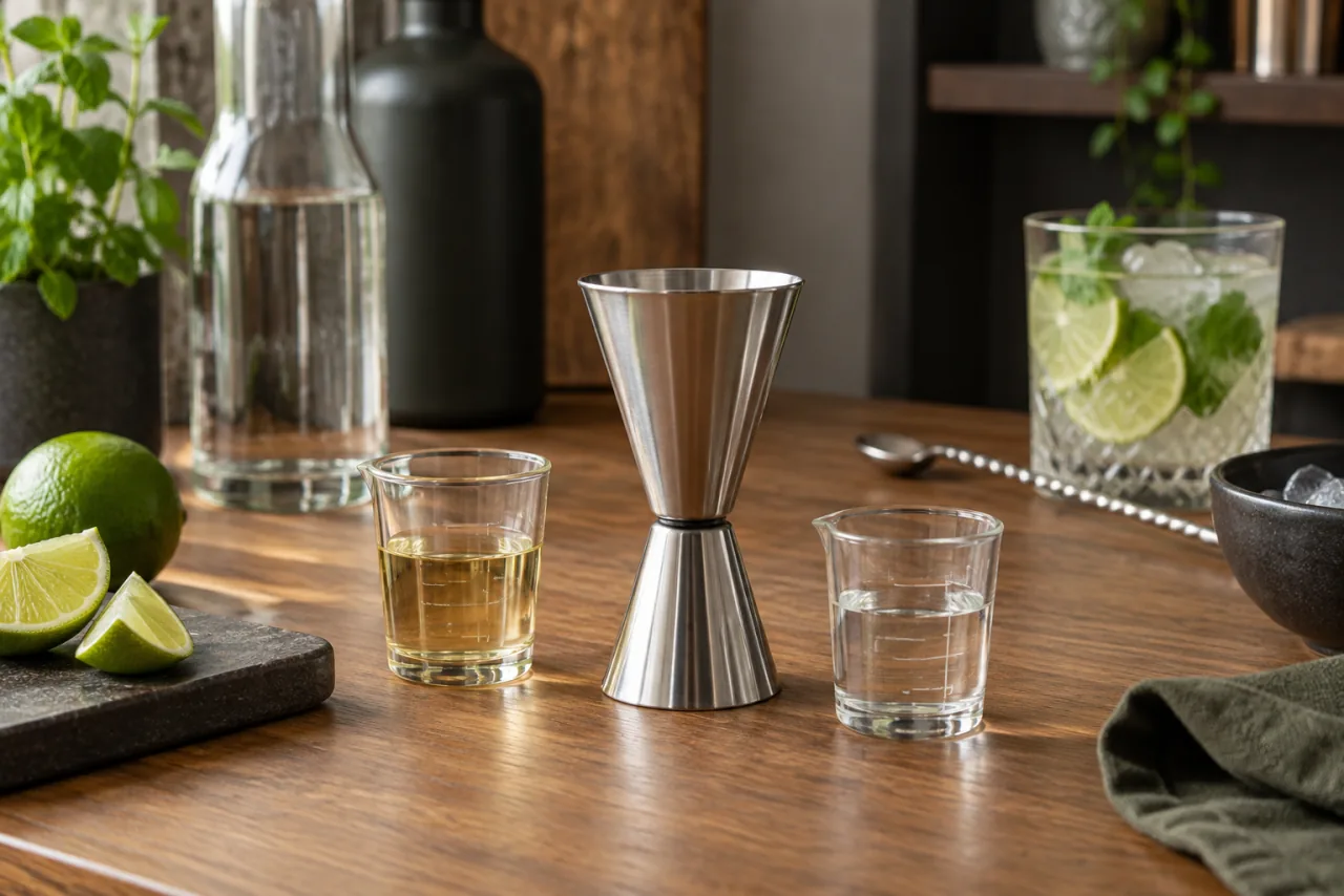 Drinkmått och små mätglas på ekbänk