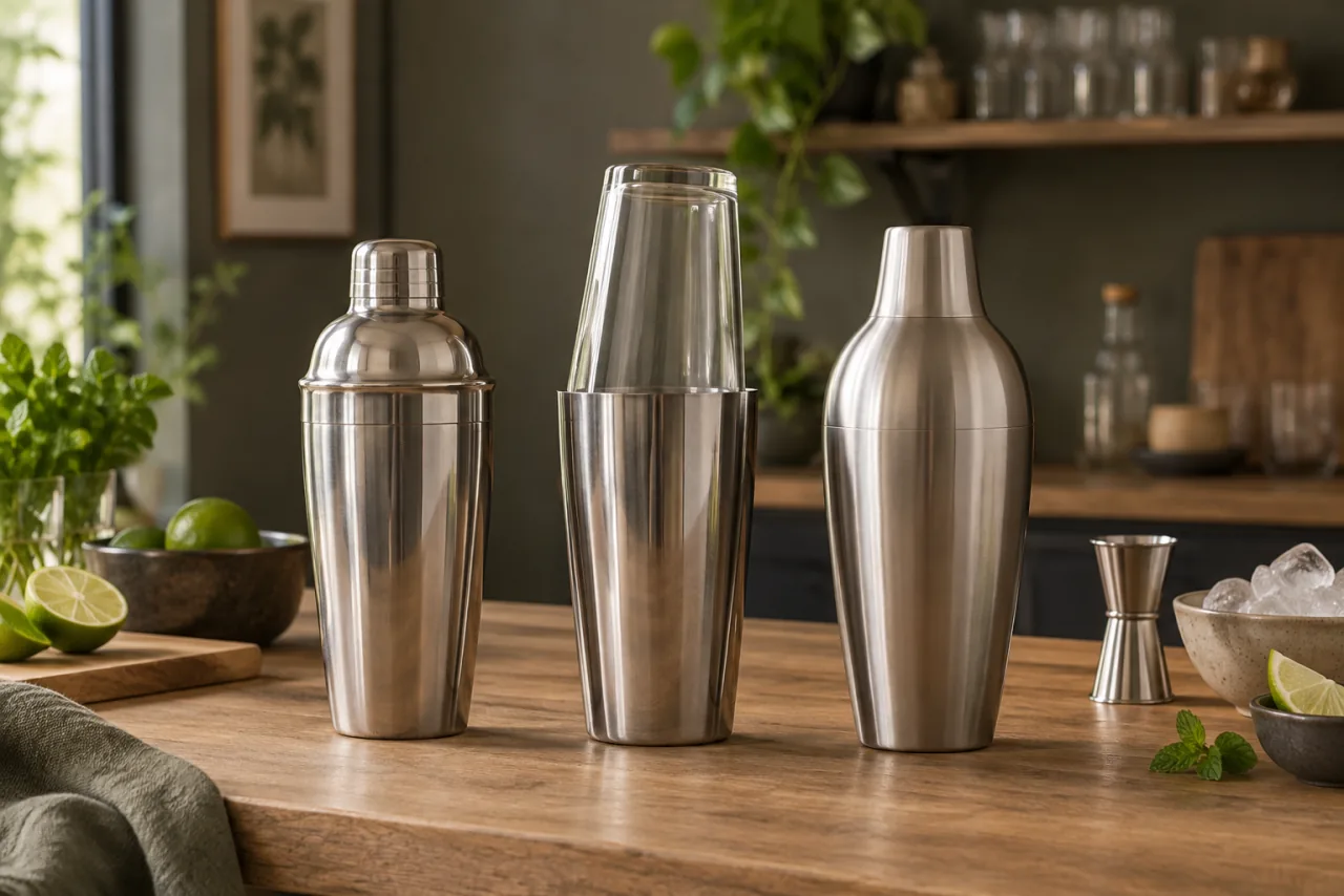 Tre typer av drinkshaker sida vid sida