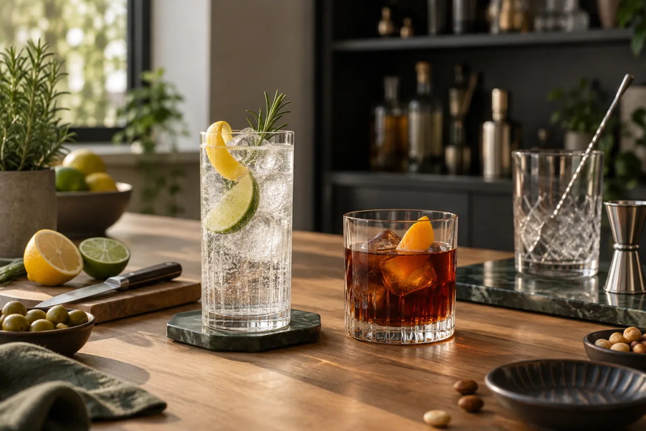 Lång gin och tonic bredvid mörkare drink
