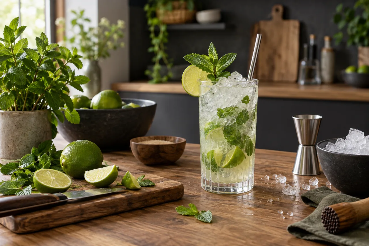 Hög mojito med lime, mynta och krossad is