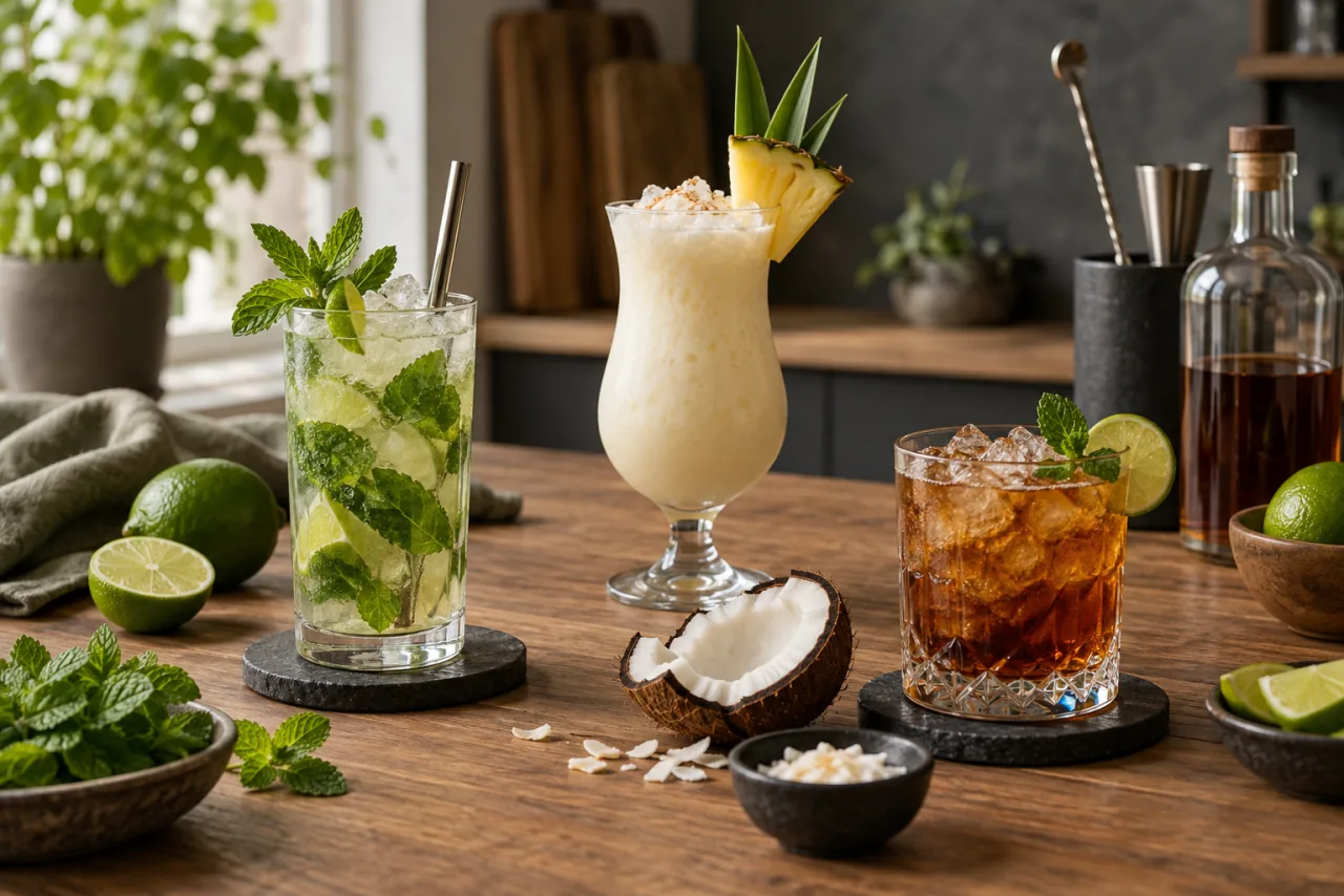 Tre romdrinkar med lime, kokos och mynta