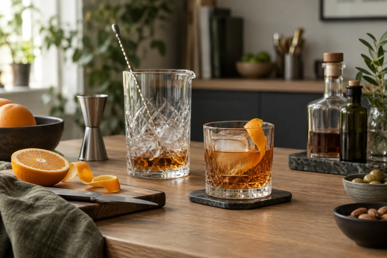 Whiskydrink med apelsinskal och rörglas