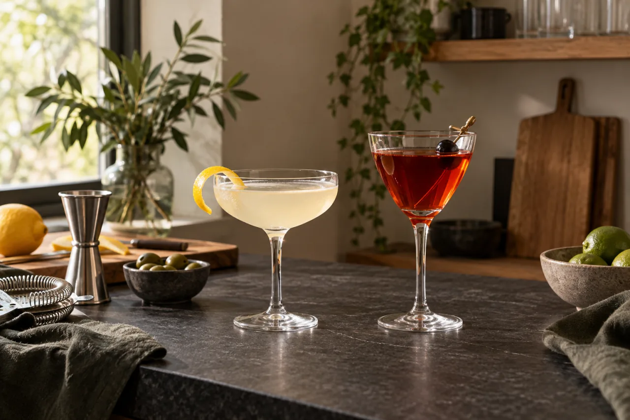 Coupeglas och cocktailglas på mörk yta