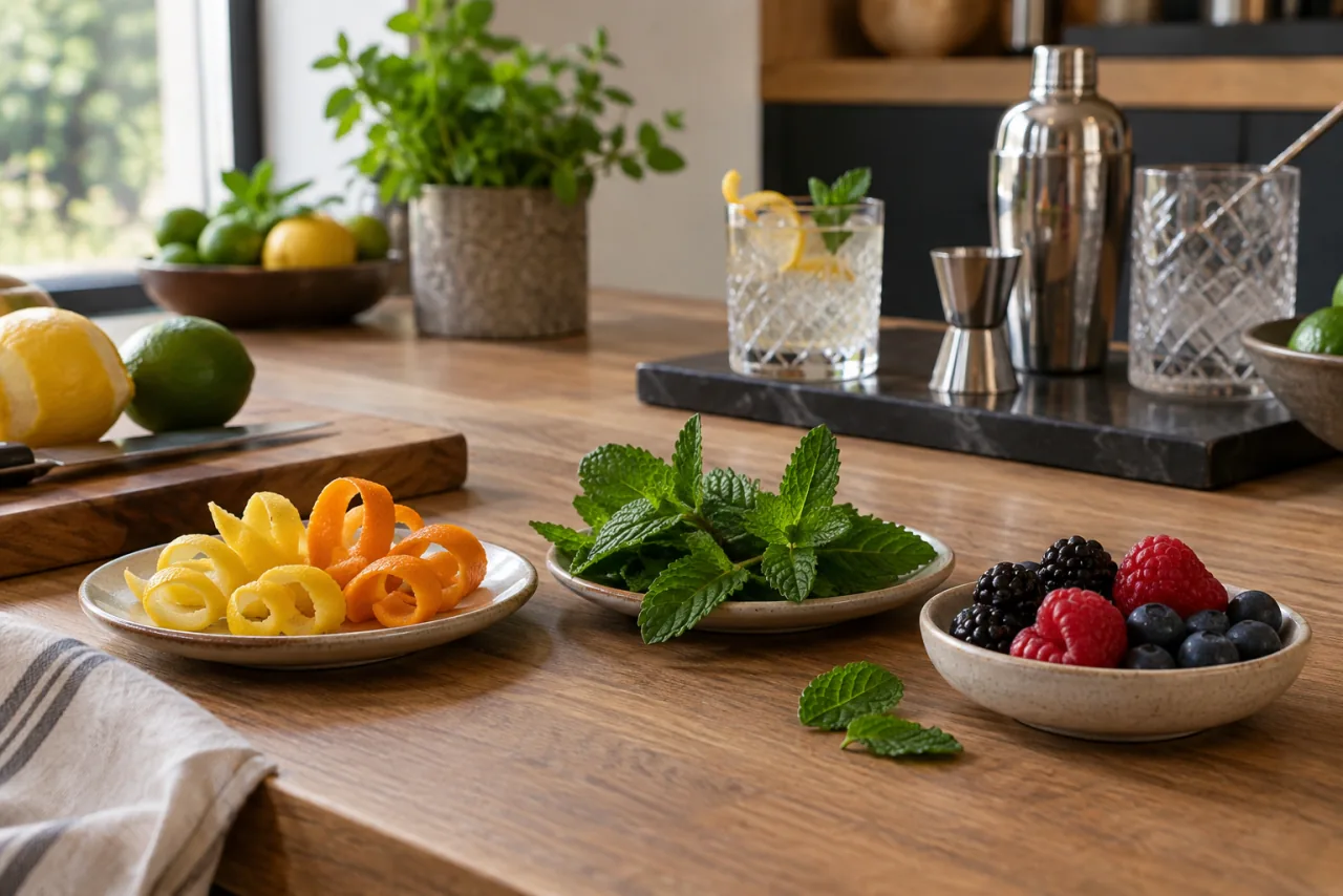 Citrusskal, mynta och bär på små fat