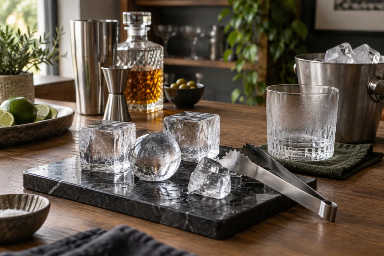 Isbitar i olika former bredvid kylt glas