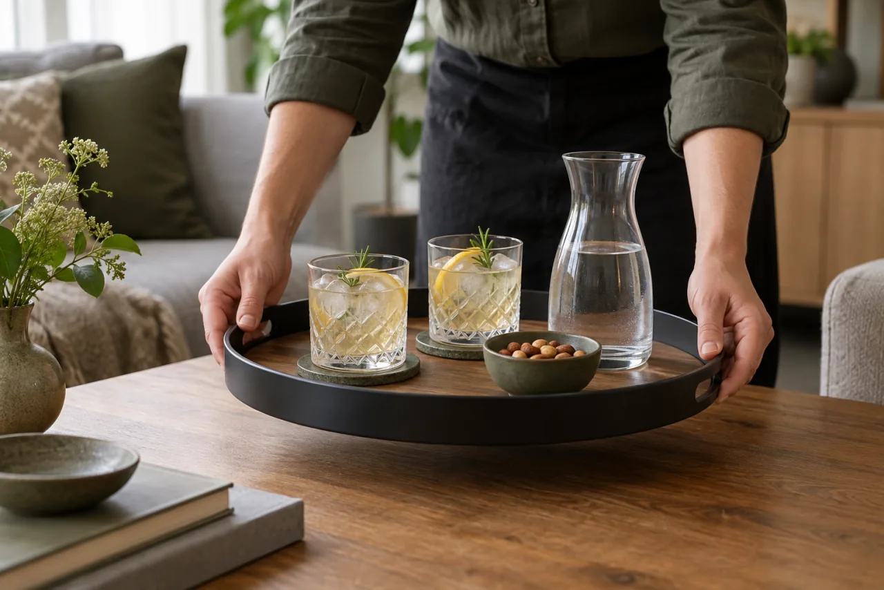 Bricka med glas och liten vattenkaraff