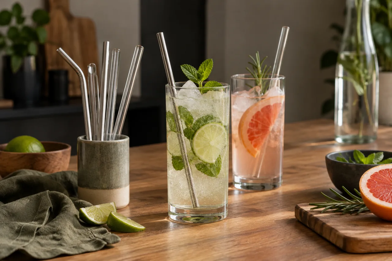 Sugrör i olika material bredvid höga glas