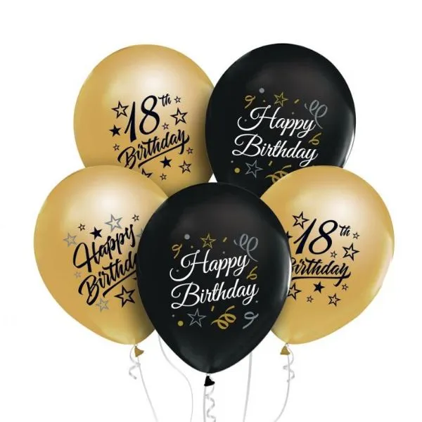 Beauty&Charm Ballonger 12" Med Tryck "18" Guld Och Svart 5 St.