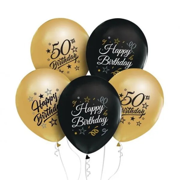 Beauty & Charm Ballonger 12" Med Tryck "50" Guld Och Svart 5 St.