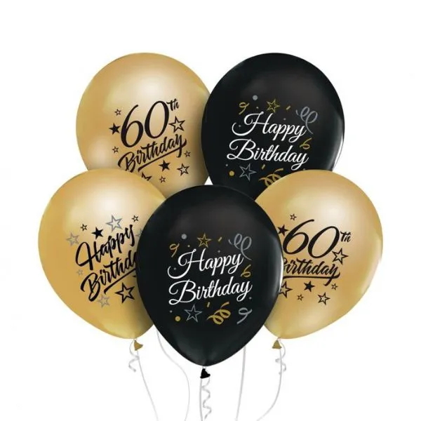 Beauty&Charm Ballonger 12" Med Tryck "60" Guld Och Svart 5 St.