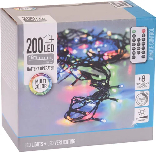 Lyskedja 200 Led Färgad M/batt. Timer, Dimbar, Fjärrkontroll.
