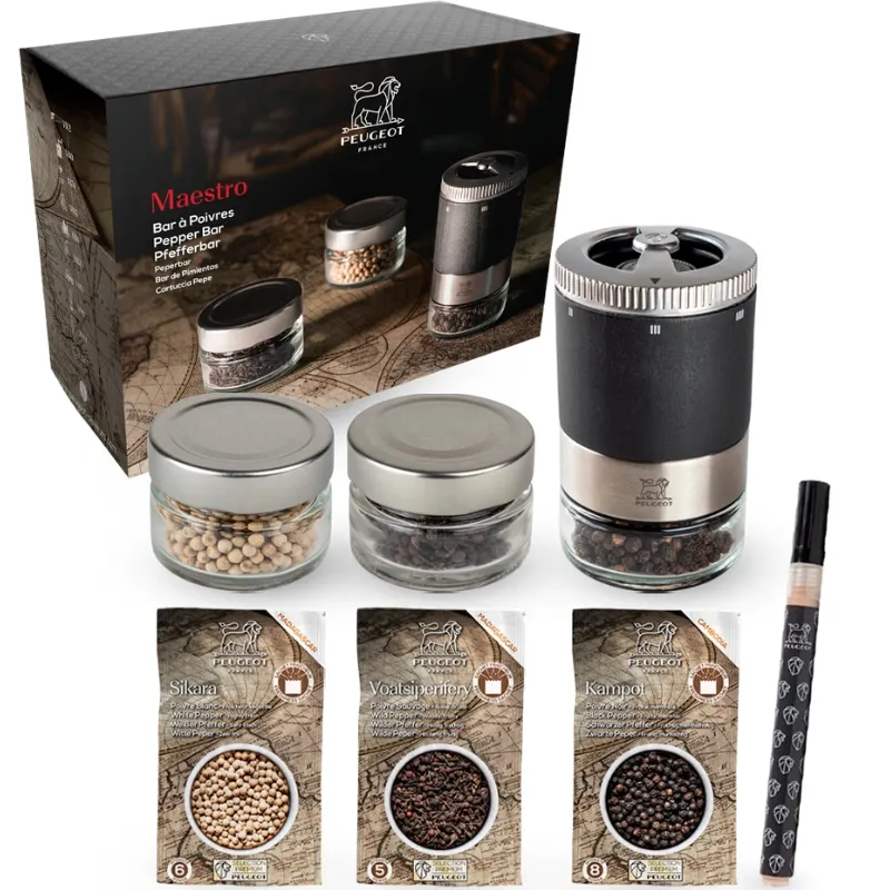 Peugeot Maestro Peber Gaveboks Grafit + 3 Glas & 3 Slags Peber