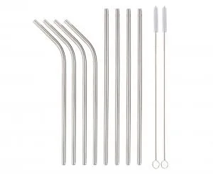 Rostfria Stålsugrör Silver 4 Raka 4 Böjda 2 Rengöringsborstar