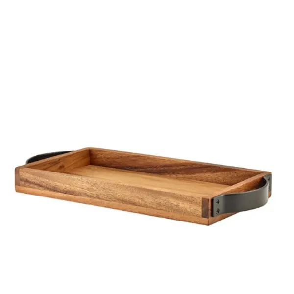 Serveringsbricka i Akacieträ Med Metallhandtag Från Genware 32,5 x 17,5 Cm